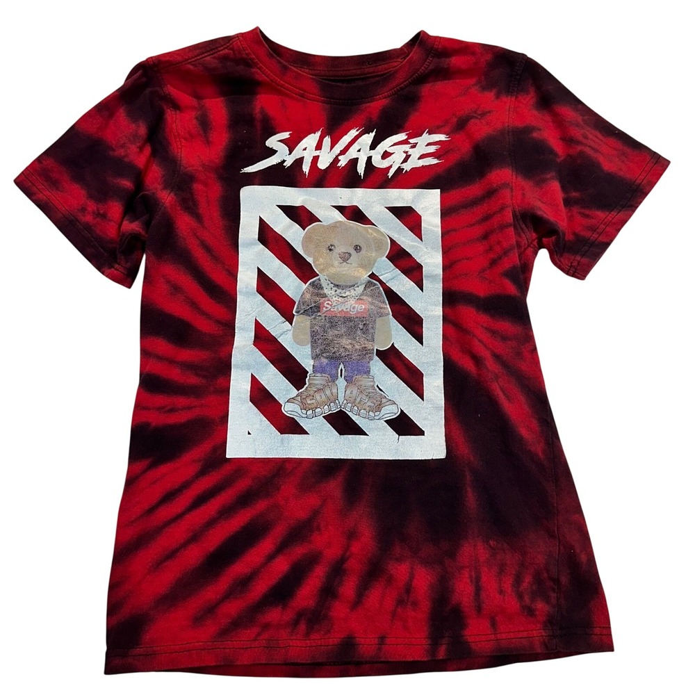Prime Threads Kids‎ Red Black Tie Dye Savage Bear Graphic T-Shirt L 14/16